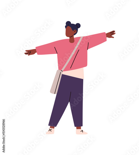 African American student with spreaded hands stands. Little black girl with schoolbag goes to the school for learning. Kid carries backpack. Flat isolated vector illustration on white background