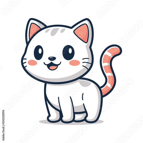 Adorable cartoon cat smiles with its pinkstriped tail visible on a white background