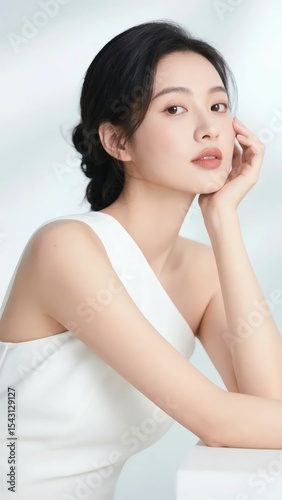 A woman in a white single - shoulder dress resting her chin on her hand