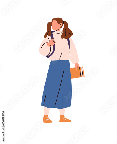 Student carries backpack to school. Kid with schoolbag goes to study. Little girl holds book for learning, textbook in hand. Child with knapsack. Flat isolated vector illustration on white background