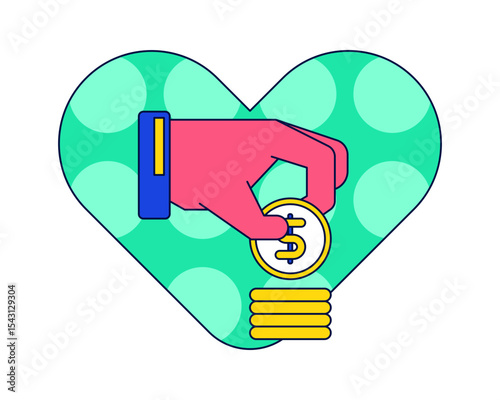 Secure Payment Flat design style, heart-shaped background with hand inserting coin, symbolizing secure and caring digital payments.