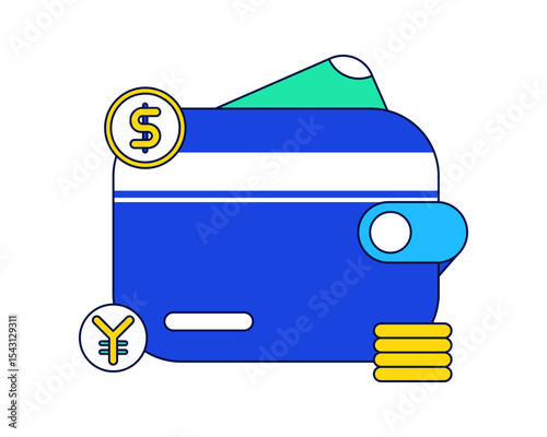 Money Wallet Flat design style, digital wallet with currency symbols and coins, perfect for e-wallet, savings, and personal finance UI.