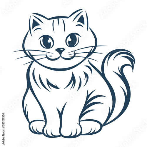 Playful outline cat sitting poses with a fluffy tail in a simple vector
