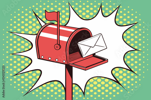 Pop art red mailbox with envelope and halftone comic burst background