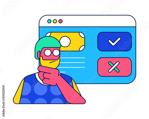 Decision Making Flat design style, thinking man in front of approve and reject interface, used for financial decision or UI choice flow.