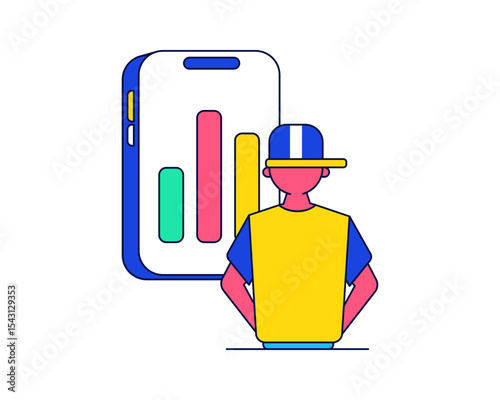 Analytics User Flat design style, male figure with financial chart on smartphone, ideal for fintech UI, dashboard, or mobile app design.