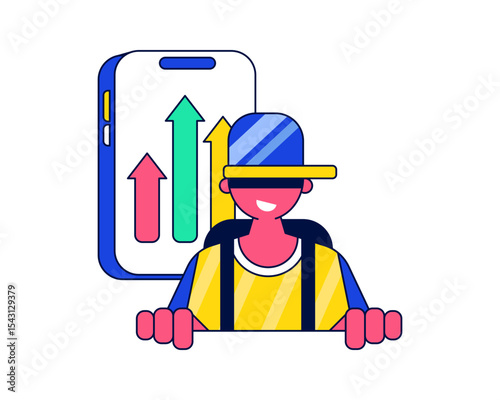 Performance Growth Flat design style, user with chart arrow on smartphone, suitable for investment growth or financial performance UI.