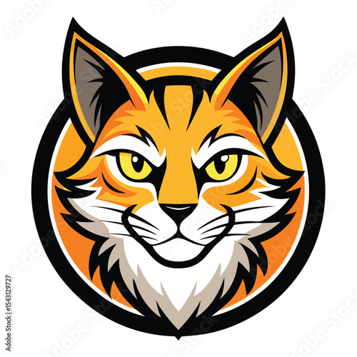 Animated orange cat face with yellow eyes gazes steadily within a black circle