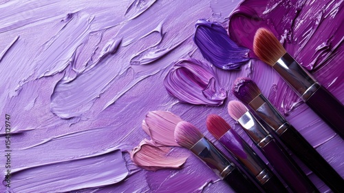 Purple background, paints with brushes, for presentation