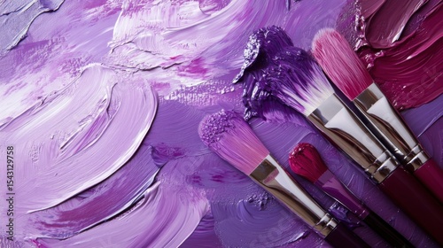 Purple background, paints with brushes, for presentation