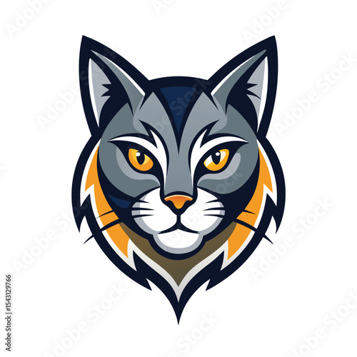 Focused stylized cat portrait with sharp orange eyes stares directly ahead on white