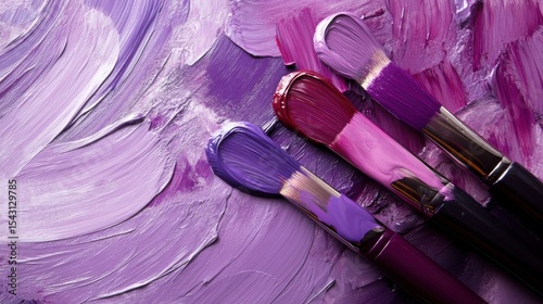 Purple background, paints with brushes, for presentation
