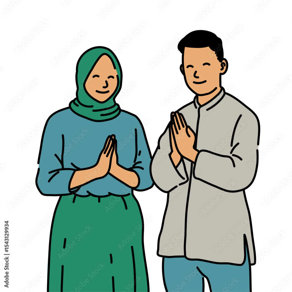 Obraz premium Muslim and Muslimah Minimalist Illustration for Ramadhan, Eid Fitri, and Eid Adha Greeting and Islamic Celebration Design