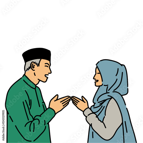 Muslim and Muslimah Minimalist Illustration for Ramadhan, Eid Fitri, and Eid Adha Greeting and Islamic Celebration Design