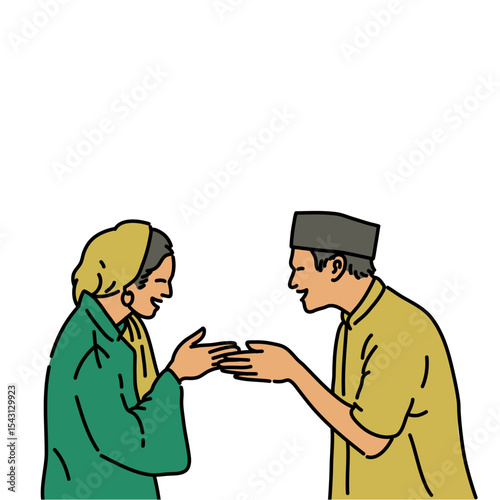 Muslim and Muslimah Minimalist Illustration for Ramadhan, Eid Fitri, and Eid Adha Greeting and Islamic Celebration Design