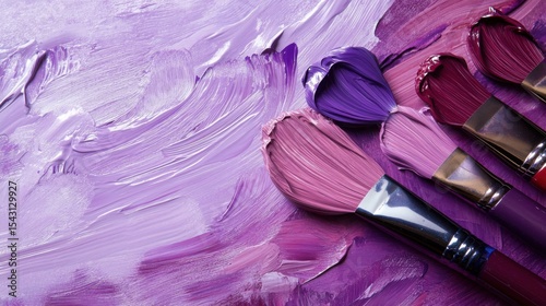 Purple background, paints with brushes, for presentation