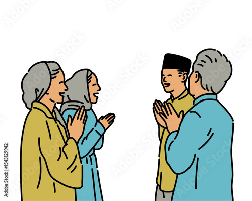 Muslim and Muslimah Minimalist Illustration for Ramadhan, Eid Fitri, and Eid Adha Greeting and Islamic Celebration Design