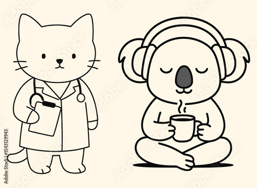  Cute Cat Doctor & Relaxing Koala Self-Care and Work Animal Line Art