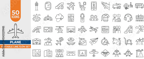 Airplane & Airport Line Icon Set – 50 Editable Vector Icons for Aircraft, Flight, Transport, Shipment, Takeoff, Landing & Travel Design