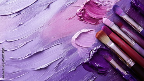 Purple background, paints with brushes, for presentation