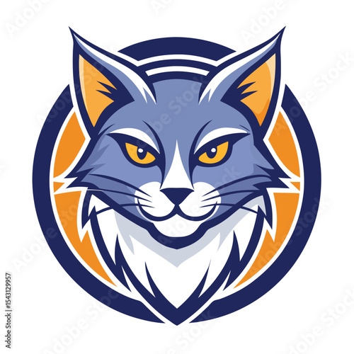 Majestic cat head displays formidable eyes surrounded by a circular navy blue emblem
