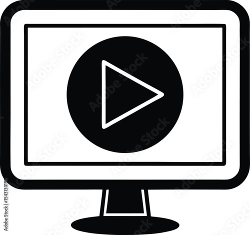 Minimal Monitor Icon with E Learning Play Button vector Silhouette illustration