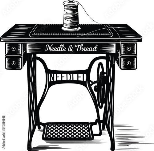 Vintage sewing machine with needle and thread