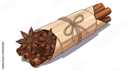 Cartoon Illustration of Spices Wrapped in Paper with a String Bow for Culinary Design