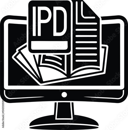 Monitor with PDF File Icon for Study Materials vector Silhouette illustration