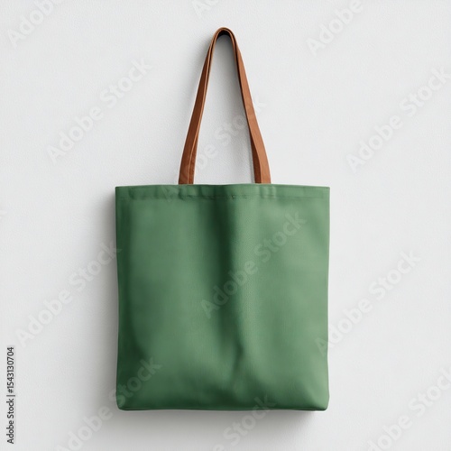 Simple, solid green tote bag with tan handles