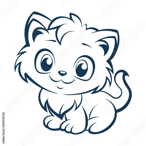 Whimsical kitten smiles sweetly; it features bold outlines and clean lines