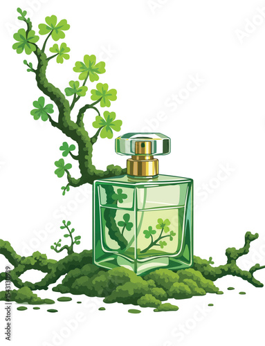High-detail perfume bottle vector nestled in green moss with crystal, glass, and reflective textures. A perfect fusion of elegance and nature for ads, packaging, or product showcases.