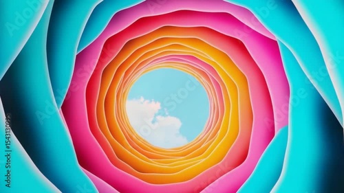 Vibrant abstract spiral tunnel showcasing bright colors with a blue sky in the center