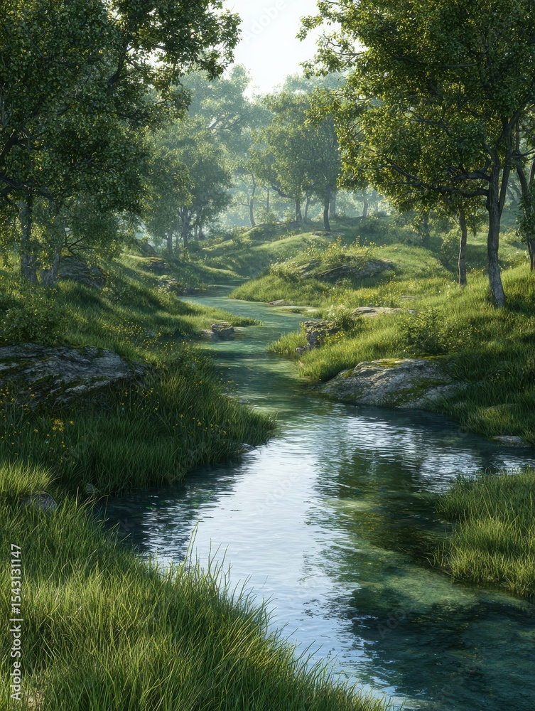 Tranquil nature view featuring meandering river through lush grassy landscape beauty with green trees and clear water ideal for capturing essence of peaceful outdoor environments of forest parks Tranquil nature view featuring meandering river through lush grassy landscape beauty with green trees and clear water ideal for capturing essence of peaceful outdoor environments of forest parks