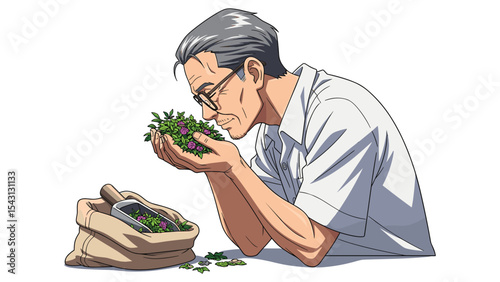 Illustration of an elderly man smelling herbs with a bag and a scoop, vector graphic
