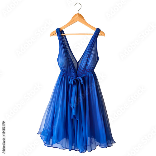 cobalt blue women's maxi dress on a wooden hanger isolated on transparent background