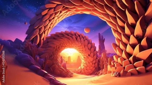 Surreal desert landscape with spiral rock formations and a vibrant sunset in the background