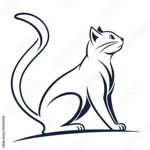 Line art illustration of sitting cat looking up shows animal elegance
