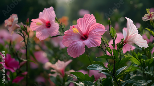 A field of hibiscus and orchids in full bloom.