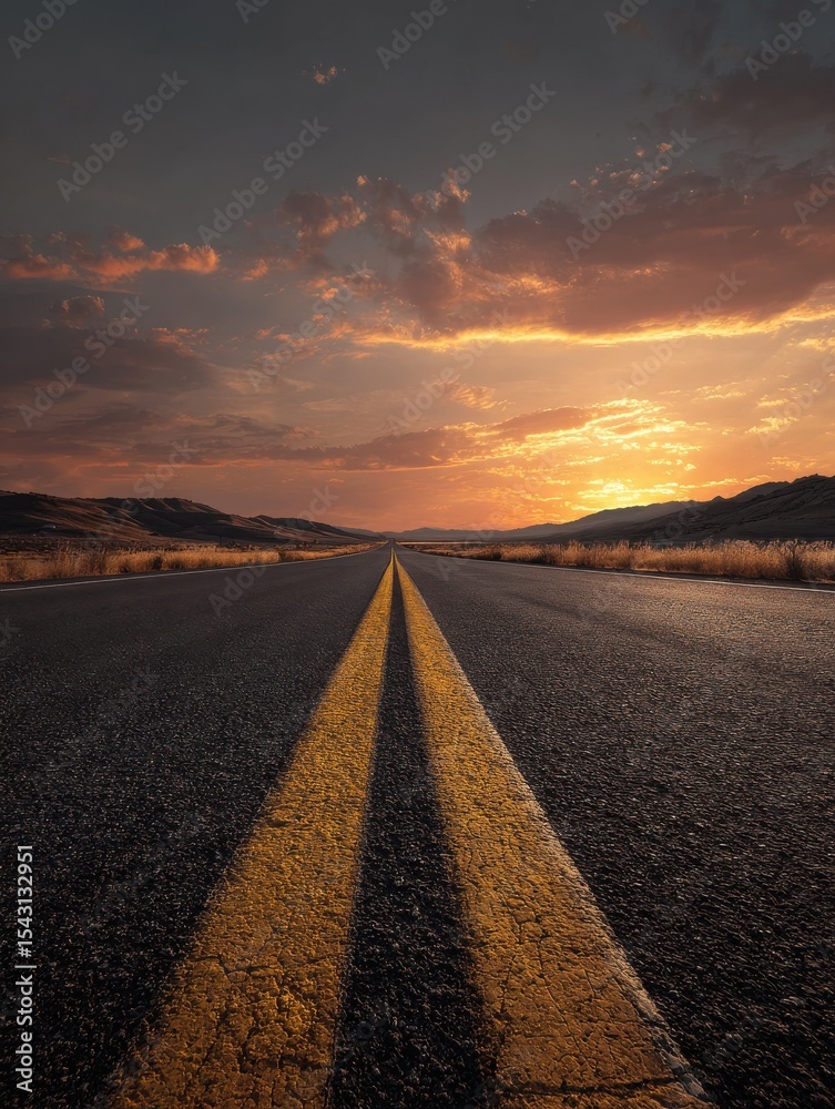 Fototapeta premium A long road leading into the distance with yellow lines on it, a sunset in the background