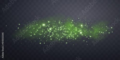 Green glittering dots, particles, stars magic sparks. Glow flare light effect. Green luminous points. Vector particles on transparent background.