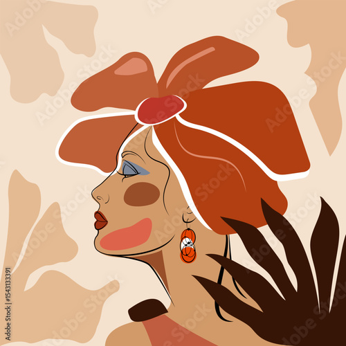 Female Profile Faces Contour Lines. Abstract illustration of a woman's profile with botanical elements and shapes. Modern boho style decor. Template for print, wall art, poster, card