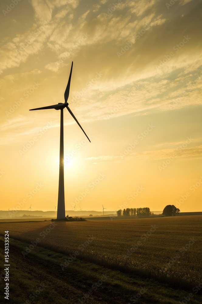 Obraz premium At sunset, a towering wind turbine casts a dramatic silhouette against a golden sky, framed by distant turbines and verdant fields