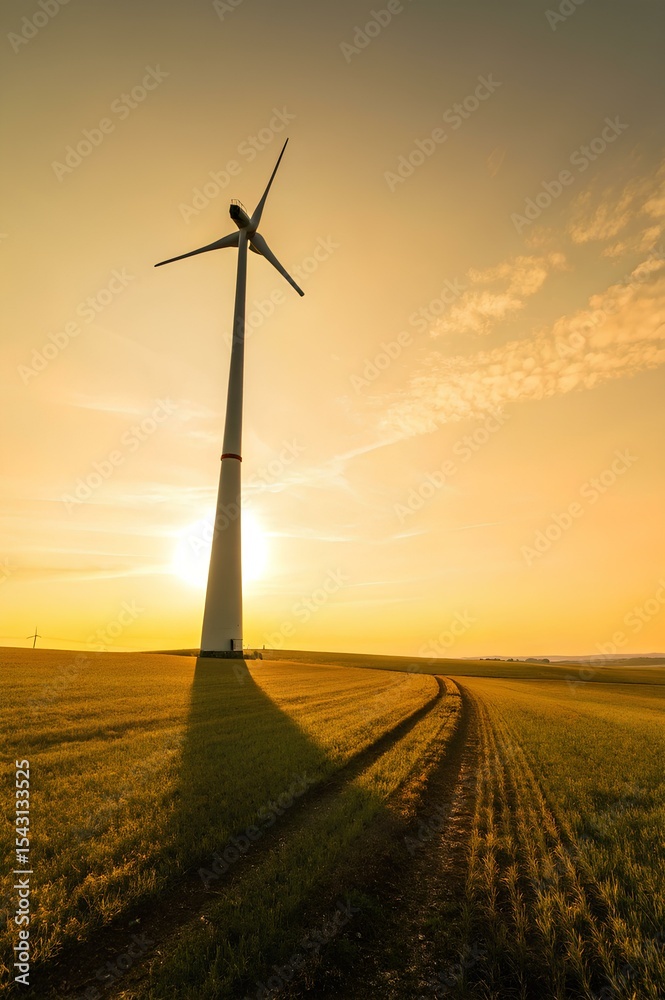 Obraz premium At sunset, a three-bladed wind turbine casts dramatic shadows across fertile fields, while a second turbine appears on the horizon