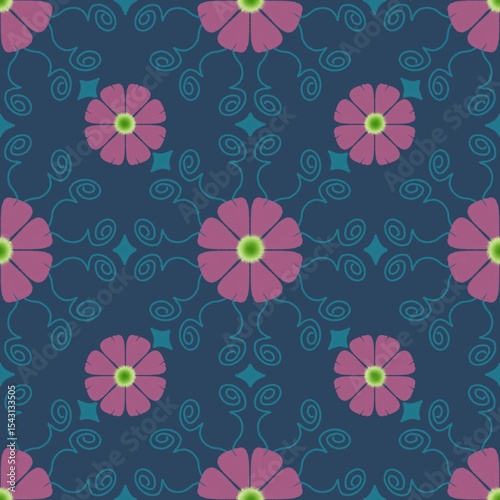seamless floral pattern,created by drawing curves together to form red flowers and branches,with a green background in a geometric pattern,combined to create tile and fabric patterns,beautiful
