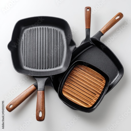 Square cast iron grill pans with wooden handles