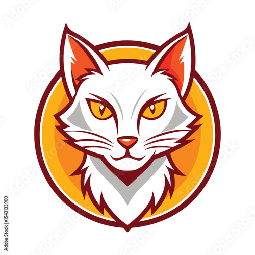 Cartoon white cat head looks forward inside a yellow circular shape confidently