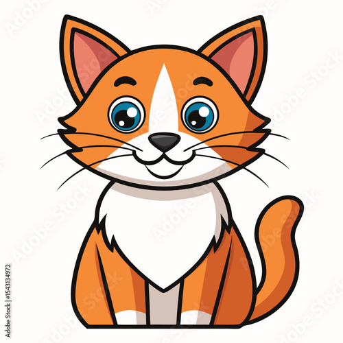 An adorable orange cat with big blue eyes is sitting calmly and smiling