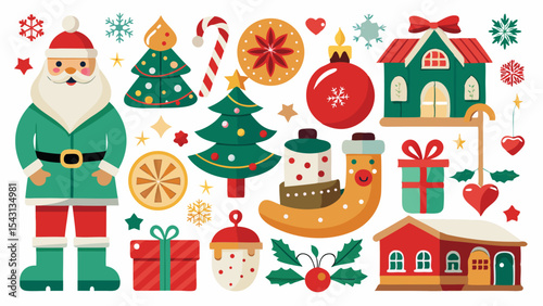 vector set of christmas elements with santa claus background