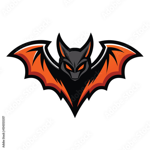 A grey bat with fiery orange eyes spread its sharp, detailed wings widely